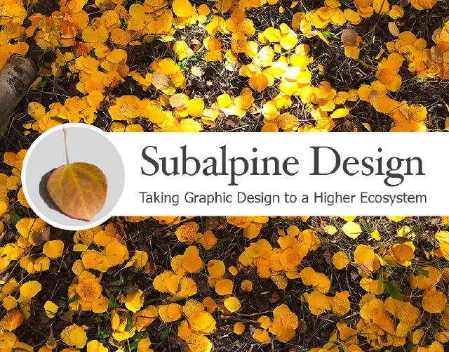 Subalpine Design logo in a carpet of aspen leaves