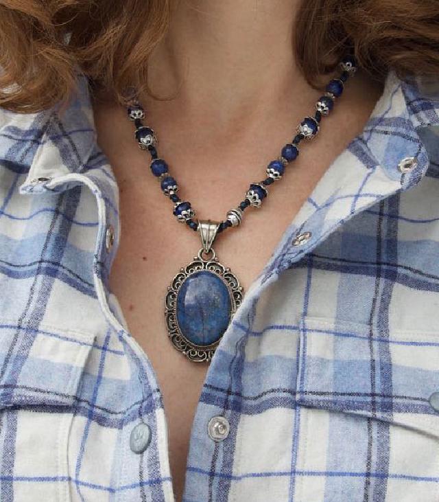 I also found this pendant in Silver City at the gem shop. I ordered a slew of assorted silver bead caps from Amazon and used some of the cord I bought for the mandala bracelet to simply string and knot some lapis lazuli and hematite beads. Now those bead caps are inspiring some other ideas…earrings maybe?