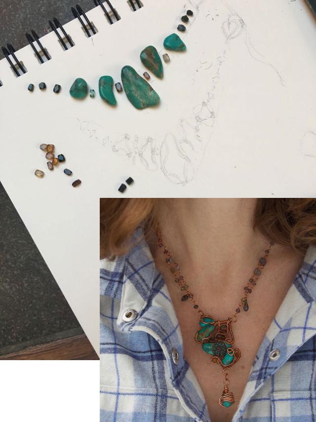 On [our last trip to Silver City][2] we visited the gem shop and I found these turquoise chips for a couple of bucks. I'm still a novice when it comes to wire wrap. You can tell it didn't turn out anything like I had planned (from my sketch). That's one of the fun things about the creative process.