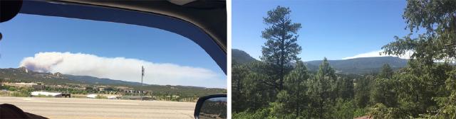 Durango 416 Fire approx. 4–5 hours after ignition. June 1, 2018 driving east on 160 leaving Durango (left), from our front porch (right).