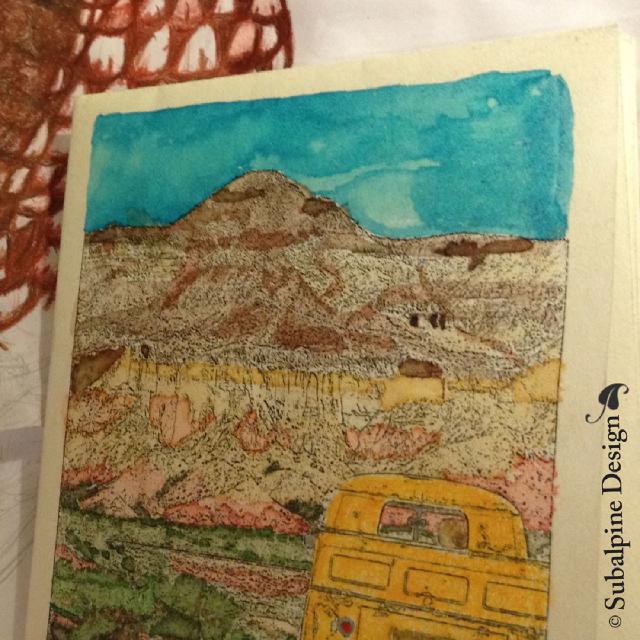 Using photoshop to ‘photocopy’ this photo my husband took, I turned it into outlines, printed and re-applied the color using watercolor.