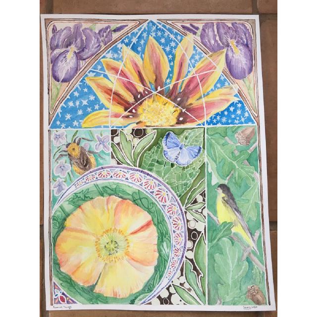 a watercolor of flowers, birds, insects including a bee and a butterfly